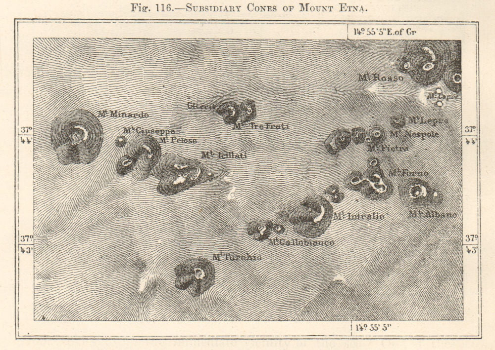 Subsidiary Cones of Mount Etna. Italy. Sketch map 1885 old antique chart